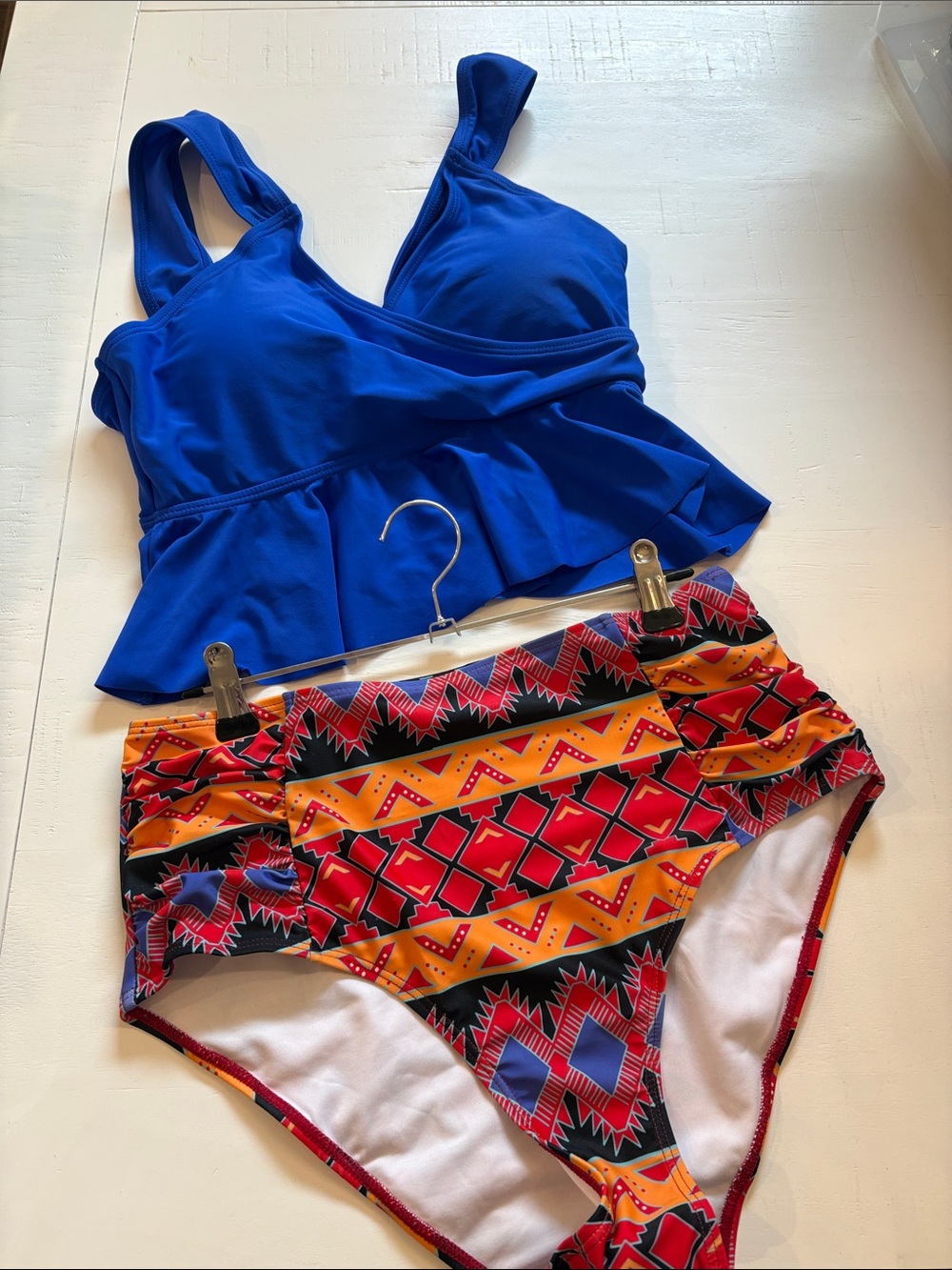 Women’s Blue Peplum Tankini Top with High-Waist Geo Print Bottoms